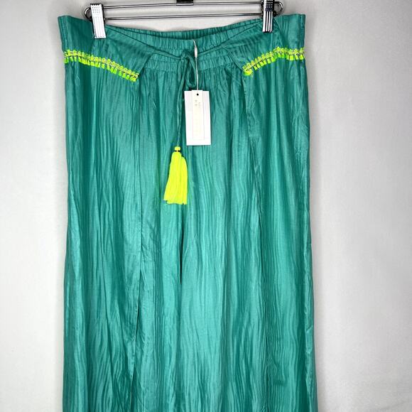 Trina Turk Cascais Wave Split Leg Pants Size Large in Aqua Neon Lime Green - Picture 2 of 12